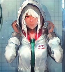 Rule 34 | 1girl, albino, androgynous, closed mouth, clothes writing, collarbone, competition swimsuit, expressionless, garland (decoration), green one-piece swimsuit, hair over one eye, hands up, highres, hood, hooded jacket, hose, indoors, jacket, lips, logo, looking at viewer, maido mido, one-piece swimsuit, original, red eyes, shiratan, shirt, silhouette, solo, solo focus, swimsuit, tile wall, tiles, tsurime, water, water drop, wet, wet clothes, wet hair, wet shirt, white hair, white jacket, window