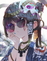 Rule 34 | 1girl, absurdres, arm support, black hair, glasses, hair bun, highres, jewelry, looking at viewer, mont blanca, necklace, original, red eyes, skull, solo