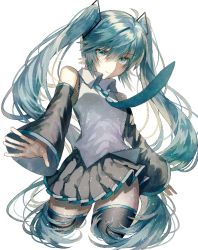 Rule 34 | 1girl, aliasing, arms at sides, black skirt, blue eyes, blue hair, blue necktie, clothes lift, commentary, cowboy shot, deep (deep4946), detached sleeves, floating hair, hatsune miku, long hair, looking at viewer, necktie, outstretched arms, shaded face, shirt, simple background, skirt, skirt lift, sleeveless, sleeveless shirt, smile, solo, thighhighs, thighs, twintails, very long hair, vocaloid, white background, white shirt