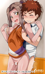 Rule 34 | 1boy, 1girl, bottomless, breasts, cheerleader, chicago-x, couple, digimon, grabbing, grabbing another&#039;s breast, highres, izumi koshiro, japanese text, medium breasts, necktie, nipples, one breast out, penis, pussy, sweat, tachikawa mimi, thigh sex
