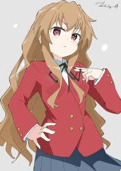Rule 34 | 1girl, absurdres, aisaka taiga, bad id, bad pixiv id, black ribbon, blazer, blue skirt, blush, brown eyes, brown hair, buttons, closed mouth, commentary, cowboy shot, cynical (llcbluckg c004), double-breasted, grey background, hand on own hip, hand up, highres, jacket, long hair, long sleeves, looking at viewer, neck ribbon, oohashi high school uniform, pleated skirt, red jacket, ribbon, school uniform, shirt, signature, simple background, skirt, solo, toradora!, twitter username, white shirt