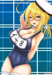 Rule 34 | 1girl, ahoge, blonde hair, blue background, blue eyes, breasts, cleavage, commentary request, daichi (daiti1318), glasses, hat, highres, i-8 (kancolle), kantai collection, large breasts, low twintails, name tag, peaked cap, sailor hat, school swimsuit, solo, swimsuit, thighhighs, twintails, white hat, white thighhighs