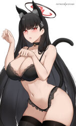 Rule 34 | 1girl, animal ears, bare arms, bare shoulders, black bra, black hair, black panties, black thighhighs, blue archive, bra, breasts, cat ears, cat tail, cleavage, commentary, hair ornament, hairclip, halo, highres, hioyami, kemonomimi mode, large breasts, long hair, looking at viewer, navel, panties, parted lips, paw pose, pink lips, red eyes, rio (blue archive), solo, stomach, tail, thighhighs, thighs, underwear, underwear only, very long hair