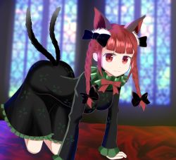 Rule 34 | 1girl, :3, all fours, animal ears, ass, backlighting, black bow, blunt bangs, blurry, blurry background, blurry foreground, bow, braid, cat ears, cat tail, depth of field, dress, frilled dress, frills, green dress, hair bow, highres, indoors, kaenbyou rin, long sleeves, looking at viewer, multiple tails, nekomata, red eyes, red hair, solo, stained glass, tail, touhou, twin braids, two tails, wottosei
