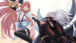 Rule 34 | 1boy, 1girl, akito1218, apron, armor, black footwear, black sleeves, blue eyes, boots, breasts, cleavage, closed mouth, commission, cosplay, dual wielding, green eyes, highres, holding, holding sword, holding weapon, iroha (samurai spirits) (cosplay), japanese armor, long hair, looking at another, maid, maid apron, maid headdress, menpoo, open mouth, orange hair, ponytail, samurai, samurai spirits, skeb commission, sword, thigh boots, weapon, white apron, white hair, yashamaru kurama
