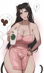 Rule 34 | 1girl, ?, animal ears, apron, black hair, blue eyes, blush, breasts, cleavage, commentary, cup, english commentary, hand on own hip, highres, holding, holding cup, iced latte with breast milk (meme), kitty keihara, large breasts, lips, lipstick, long hair, looking at viewer, makeup, meme, mole, mole under eye, nail polish, naked apron, original, pink apron, pink lips, pink nails, simple background, solo, speech bubble, standing, tail, very long hair, white background