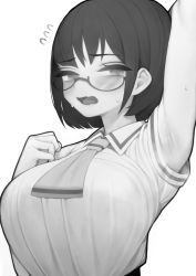 Rule 34 | 1girl, absurdres, arm behind head, arm up, armpits, blush, breasts, flying sweatdrops, glasses, greyscale, half-closed eyes, highres, large breasts, monochrome, open mouth, original, rabbit (wlsdnjs950), short hair, simple background, solo, steam, steaming body, sweat, sweatdrop, tongue, white background