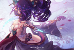 Rule 34 | 1girl, akali, ass, bad id, bad pixiv id, breasts, bridal gauntlets, cleavage, fundoshi, hair ornament, hand up, holding, holding weapon, japanese clothes, kimono, knife, large breasts, league of legends, long hair, looking at viewer, mask, mitsu (mitsu art), mouth mask, nail polish, off shoulder, ponytail, purple hair, purple kimono, purple nails, sarashi, solo, tattoo, weapon