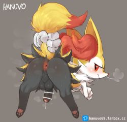 Rule 34 | 1boy, angry, animal ears, animal hands, animal nose, anus, artist name, ass, bar censor, bent over, blush, braixen, censored, closed mouth, creatures (company), crossed arms, disembodied hand, disembodied hand, fluffy, foreskin, fox ears, fox tail, full body, furry, furry male, game freak, gen 6 pokemon, grey background, hanuvo, male focus, nintendo, penis, perineum, pointy ears, pokemon, pokemon (creature), precum, profile, red eyes, sideways glance, simple background, snout, solo focus, steam, steaming body, sweat, tail, tail grab, testicles, watermark, web address