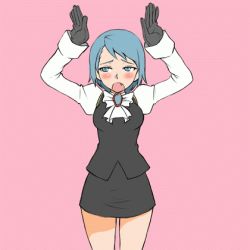Rule 34 | 1girl, :o, ace attorney, andres valenzuela, animated, animated gif, arms up, bare legs, blue eyes, blue hair, blush, bouncing breasts, bow, breasts, brooch, capcom, caramelldansen, cowboy shot, dancing, embarrassed, fang, formal, franziska von karma, gloves, jewelry, long sleeves, looking at viewer, lowres, matching hair/eyes, medium breasts, miniskirt, motion blur, no legwear, open mouth, padawan, parody, pencil skirt, pink background, puffy sleeves, short hair, simple background, skirt, skirt suit, sleeve cuffs, solo, standing, suit, taut clothes, vest