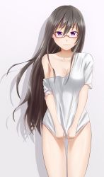Rule 34 | 1girl, absurdres, black hair, breasts, cleavage, clothes pull, glasses, highres, jirofly, long hair, off shoulder, original, purple eyes, shirt pull, solo