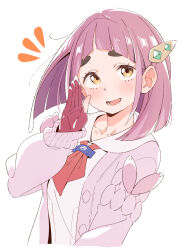 Rule 34 | 1girl, arched bangs, blush, cardigan, creatures (company), eitopondo, game freak, gloves, hair ornament, lacey (pokemon), long sleeves, looking at viewer, neckerchief, nintendo, notice lines, open mouth, orange eyes, partially fingerless gloves, pink cardigan, pink hair, pokemon, pokemon sv, red gloves, red neckerchief, short hair, simple background, solo, thick eyebrows, upper body, white background