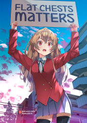 Rule 34 | 1girl, aisaka taiga, artist name, bad id, bad pixiv id, black ribbon, black thighhighs, blouse, blue skirt, blue sky, brown eyes, brown hair, building, cloud, cloudy sky, collared shirt, commentary, cowboy shot, day, english text, engrish text, flat chest, gradient sky, hair between eyes, highres, holding, jacket, long hair, long sleeves, miniskirt, open mouth, outdoors, patreon logo, pleated skirt, ranguage, red jacket, ribbon, school uniform, shirt, sign, skirt, sky, solo, sydus, teeth, thighhighs, toradora!, upper teeth only, v-shaped eyebrows, watermark, web address, white shirt