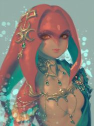 Rule 34 | 1girl, bellhenge, colored skin, fins, fish girl, hair ornament, jewelry, long hair, looking at viewer, mipha, monster girl, multicolored skin, nintendo, no eyebrows, red hair, red skin, simple background, smile, solo, the legend of zelda, the legend of zelda: breath of the wild, yellow eyes, zora