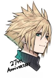 Rule 34 | 1boy, absurdres, anniversary, blonde hair, blue eyes, blue shirt, closed mouth, cloud strife, cropped head, final fantasy, final fantasy vii, hair between eyes, highres, light smile, looking to the side, lukrevadraws, male focus, shirt, short hair, sketch, solo, spiked hair, three quarter view, turtleneck, white background