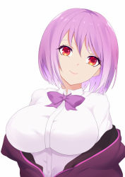 Rule 34 | 10s, 1girl, bow, breasts, collared shirt, dress shirt, gridman universe, head tilt, jacket, large breasts, light purple hair, looking at viewer, multicolored eyes, off shoulder, orange eyes, pink eyes, purple bow, purple jacket, shinjou akane, shirt, simple background, smile, solo, ssss.gridman, toki to shishin, upper body, white background, white shirt, yellow eyes