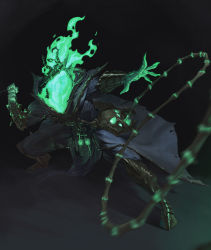 Rule 34 | 1boy, absurdres, bone, brown footwear, chain, cropped, fire, green fire, highres, key, laughing, league of legends, lim donghyun, male focus, monster, motion blur, open hand, open mouth, pulling, skull, smile, solo, thresh (league of legends), throwing, torn, torn clothes