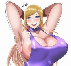 Rule 34 | 1girl, areola slip, armpits, arms behind head, blonde hair, blue eyes, blush, breasts, cleavage, curvy, dress, fatal fury, garou: mark of the wolves, gloves, huge breasts, jenet behrn, long hair, looking at viewer, open mouth, smile, snk, solo, the king of fighters