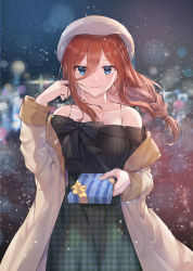Rule 34 | 1girl, absurdres, akitsuki (oenothera), alternate costume, bare shoulders, beret, black shirt, blue eyes, blurry, blurry background, blush, bow, box, braid, breasts, brown coat, brown hair, christmas, closed mouth, coat, collarbone, commentary request, cowboy shot, floating hair, gift, gift box, go-toubun no hanayome, green skirt, hair between eyes, hand in own hair, hat, highres, holding, holding gift, large breasts, light particles, long hair, long sleeves, looking at viewer, medium breasts, nakano miku, off-shoulder jacket, off-shoulder shirt, off shoulder, open clothes, open coat, outdoors, plaid, plaid skirt, shirt, single braid, skirt, snowflakes, snowing, solo, striped bow, striped clothes, striped shirt, unmoving pattern