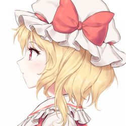 Rule 34 | 1girl, blonde hair, bow, commentary, flandre scarlet, frilled shirt collar, frills, hat, hat bow, looking away, minust, mob cap, portrait, profile, red bow, red eyes, short hair, simple background, solo, touhou, white background