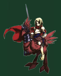 Rule 34 | 1girl, agrias oaks, armor, bad id, bad pixiv id, barding, blonde hair, cape, chocobo, final fantasy, final fantasy tactics, gloves, green background, ramii, serious, sword, weapon