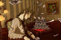 Rule 34 | 1boy, bad id, bad pixiv id, brown hair, brown theme, card, chair, crystal, floating card, flower, holding, holding card, lamp, long hair, long sleeves, magic, male focus, original, painting (object), playing card, ponytail, rose, sitting, solo, surprised, table, victorian, yumeko (yumeyana g)