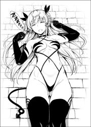 Rule 34 | 1girl, boots, bow, brick floor, comic, demon girl, demon horns, demon tail, demon wings, elbow gloves, fang, gentsuki, gloves, gluteal fold, greyscale, groin, hair bow, halterneck, highres, horns, lily (gentsuki), long hair, lying, monochrome, on back, original, pointy ears, revealing clothes, sleeping, solo, speech bubble, tail, thick eyebrows, thigh boots, thighhighs, two side up, venus symbol, wings, zzz