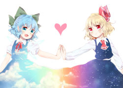 Rule 34 | 2girls, :d, aqua eyes, ascot, black skirt, black vest, blonde hair, blue dress, blue hair, bow, cirno, cloud, cloudy sky, collared shirt, commentary request, dress, fang, frills, green bow, hair bow, hair ribbon, heart, holding hands, ice, ice wings, kuromame (8gou), long sleeves, looking at viewer, multiple girls, neck ribbon, night, night sky, open mouth, puffy short sleeves, puffy sleeves, red eyes, red ribbon, ribbon, rumia, shirt, short hair, short sleeves, simple background, skirt, sky, sky print, smile, star (sky), sunset, touhou, vest, white background, wings