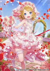 Rule 34 | 1girl, arch, armpits, bare shoulders, blonde hair, blue eyes, blue sky, blush, bouquet, breasts, bridal garter, bridal veil, bride, child, commentary, crypton future media, dress, dress grab, floral arch, floral dress, flower, flower wreath, flowers in hair, frilled dress, frills, garden, gloves, hatsune miku graphy collection, head wreath, high heels, highres, kagamine rin, leg up, light rays, lips, lipstick, looking at viewer, makeup, official art, open mouth, petals, photoshop (medium), piapro, pink flower, pink lips, pink rose, red flower, red petals, red ribbon, red rose, ribbon, rose, rose petals, sawashi (ur-sawasi), short hair, sky, sleeveless, sleeveless dress, small breasts, smile, solo, sparkle, swept bangs, veil, vocaloid, wedding dress, white dress, white footwear, white gloves