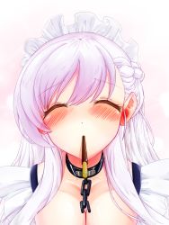 Rule 34 | 1girl, azur lane, belfast (azur lane), blush, braid, breasts, chain, cleavage, closed eyes, collar, collarbone, food, french braid, frills, hair between eyes, large breasts, long hair, looking at viewer, maid, maid headdress, pocky, pocky kiss, shared food, sidelocks, silver hair, simple background, solo, valentine, wakamoto riwo