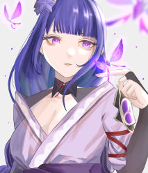 Rule 34 | 1girl, absurdres, armor, braid, breasts, bridal gauntlets, bug, butterfly, commentary request, flower, genshin impact, hair ornament, highres, insect, japanese clothes, kimono, kurokou0616, large breasts, long hair, obiage, open mouth, purple eyes, purple flower, purple hair, raiden shogun, ribbon, sash, shoulder armor, simple background, solo