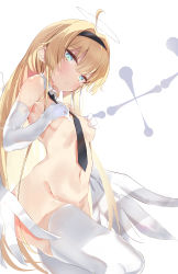 Rule 34 | 1girl, absurdres, angel wings, blonde hair, blush, covering privates, covering breasts, crossover, detached collar, elbow gloves, embarrassed, gloves, green eyes, halo, highres, long hair, navel, necktie, nude, original, simple background, solo, toshizou (0714), white legwear, wings