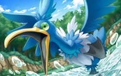 Rule 34 | bird, cloud, commentary request, cramorant, creatures (company), day, game freak, gen 8 pokemon, grass, green eyes, hakuginnosora, highres, nintendo, no humans, open mouth, outdoors, pokemon, pokemon (creature), sky, solo, standing, standing on one leg, tongue, tree, wading, water, water drop