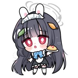 Rule 34 | 1girl, animal ears, black dress, black footwear, black hair, blue archive, blush, bright pupils, dress, fake animal ears, food, full body, grey halo, halo, highres, holding, holding plate, leaf, leaf on head, long hair, looking at viewer, miyu (blue archive), omelet, omurice, open mouth, plate, rabbit ears, red eyes, shoes, short sleeves, solo, thighhighs, transparent background, white pupils, white thighhighs, yum draw