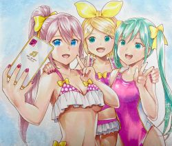 Rule 34 | 3girls, aqua eyes, aqua hair, bikini, blonde hair, blue background, blue eyes, bow, bowtie, breasts, commentary, english text, fang, frilled bikini, frills, hair bow, hair ornament, hairclip, hands on another&#039;s shoulders, hatsune miku, highres, holding, holding phone, kagamine rin, long hair, mayo riyo, megurine luka, multiple girls, musical note, nail polish, one-piece swimsuit, open mouth, phone, pink hair, pink nails, pink one-piece swimsuit, polka dot, polka dot bikini, ponytail, selfie, short hair, smile, swept bangs, swimsuit, traditional media, twintails, underboob, upper body, v, vocaloid, yellow bow