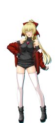Rule 34 | 1girl, bare shoulders, black footwear, black sweater, blonde hair, blush, boots, bow, breasts, detached sleeves, gem, gluteal fold, hair bow, hand on own hip, high ponytail, impossible clothes, inoino, jacket, kouyoku senki exs-tia, legs apart, lusterise, medium breasts, open clothes, open jacket, open mouth, ponytail, red bow, red gemstone, red jacket, rieszverne suzette paladill, short shorts, shorts, simple background, smile, solo, standing, sweater, tachi-e, thighhighs, white background, white thighhighs, zettai ryouiki