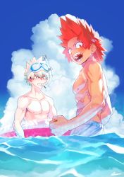 Rule 34 | 10s, 2boys, bad id, bad pixiv id, bakugou katsuki, bare pectorals, blue sky, boku no hero academia, clenched hands, cloud, cloudy sky, collarbone, day, diving mask, goggles, goggles on head, innertube, kirishima eijirou, male focus, male swimwear, multiple boys, ocean, open mouth, partially submerged, pectorals, red eyes, red hair, sharp teeth, shoco (sco labo), signature, sky, snorkel, spiked hair, swim ring, swim trunks, swimsuit, teeth, topless male, water, white hair, white male swimwear, white swim trunks