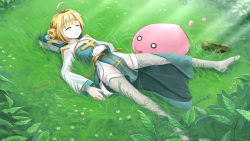 Rule 34 | 1girl, :3, ahoge, arch bishop (ragnarok online), blonde hair, blue dress, blush, book, bush, chewing, cleavage cutout, closed eyes, closed mouth, clothing cutout, commentary request, cross, double bun, dress, fishnet thighhighs, fishnets, flower, unworn footwear, full body, grass, hair bun, highres, kajiji, long sleeves, looking at another, lying, no panties, on back, on ground, poring, ragnarok online, shoes, unworn shoes, short hair, slime (creature), thighhighs, two-tone dress, white dress, white thighhighs