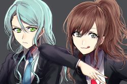 Rule 34 | 2girls, aqua hair, arm on another&#039;s shoulder, bang dream!, brown hair, earrings, formal, green eyes, grey background, grey eyes, hikawa sayo, imai lisa, jewelry, licking lips, long hair, looking at viewer, multiple girls, nail polish, necktie, ponytail, raikou104, scowl, simple background, suit, tongue, tongue out