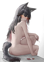 Rule 34 | 1girl, absurdres, animal ear fluff, animal ears, arknights, ass, back, black hair, black nails, blush, breasts, cigarette, cigarette pack, closed mouth, completely nude, from side, highres, holding, holding cigarette, knee up, long hair, looking at viewer, looking to the side, medium breasts, nail polish, nude, on bed, red hair, sideboob, simple background, sitting, solo, tail, texas (arknights), white background, wolf ears, wolf tail, wordsworth owo, yellow eyes