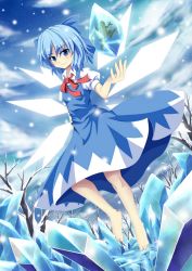 Rule 34 | 1girl, blue eyes, blue hair, bow, cirno, dress, frog, hair bow, ice, looking at viewer, matching hair/eyes, ribbon, short hair, sky, smile, solo, touhou, wings, winter, zqhzx