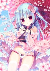 Rule 34 | 1girl, :o, bare shoulders, blue hair, blue sky, blush, bow, bow panties, bowtie, breasts, cherry blossoms, clothes lift, commentary, double bun, dutch angle, floral print, frilled kimono, frilled panties, frills, gluteal fold, hair between eyes, hair bun, hair ornament, hasune, holding, holding umbrella, japanese clothes, kimono, kimono lift, long hair, looking at viewer, medium breasts, off shoulder, oil-paper umbrella, original, panties, pink kimono, red eyes, sidelocks, sky, solo, thighhighs, two side up, umbrella, underwear, white thighhighs