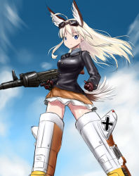 Rule 34 | 1girl, animal ears, balkenkreuz, blonde hair, blue eyes, blush, cloud, cross, day, double-drum magazine, drum magazine, gloves, goggles, goggles on head, gun, hanna-justina marseille, head wings, high-capacity magazine, long hair, luftwaffe, machine gun, magazine (weapon), mg 34, military, military uniform, muchabou, mutchan, panties, saddle-drum, sky, smile, solo, strike witches, striker unit, tail, underwear, uniform, weapon, wehrmacht, wings, witches of africa, world witches series