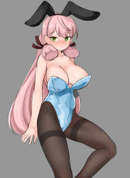 Rule 34 | 1girl, absurdres, akashi (kancolle), animal ears, black pantyhose, blue leotard, blunt tresses, breasts, cleavage, fake animal ears, feet out of frame, green eyes, grey background, hair ribbon, highres, kantai collection, large breasts, leotard, long hair, maru (marg0613), pantyhose, pink hair, playboy bunny, rabbit ears, ribbon, simple background, sitting, solo, strapless, strapless leotard, thighband pantyhose, tress ribbon