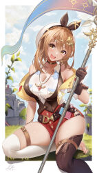 Rule 34 | 1girl, asymmetrical legwear, atelier (series), atelier ryza, atelier ryza 1, bare shoulders, blush, braid, breasts, brown eyes, brown gloves, brown hair, brown thighhighs, choker, cleavage, commentary request, flag, gloves, hair ornament, hairband, hat, highres, holding, holding flag, large breasts, liu liaoliao, looking at viewer, medium hair, mismatched legwear, off shoulder, open mouth, outdoors, reisalin stout, smile, solo, thigh strap, thighhighs, thighs, white headwear, white thighhighs