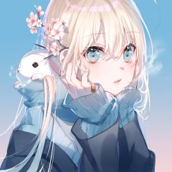 Rule 34 | 1girl, animal, animal in clothes, bandaid, bandaid on hand, black coat, blue eyes, blue sweater, breath, coat, cold, flower, gradient background, hair between eyes, hair flower, hair ornament, hands on own chin, hands up, highres, long hair, long sleeves, looking at viewer, miwano rag, original, parted lips, rabbit, sleeves past wrists, solo, sweater, upper body, white hair, winter clothes, winter coat