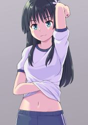 Rule 34 | 1girl, arm up, black hair, blue shorts, breasts, closed mouth, commentary request, flower, green eyes, grey background, gym shirt, gym uniform, hair flower, hair ornament, hand under clothes, hand under shirt, highres, long hair, looking at viewer, navel, saten ruiko, shirt, short sleeves, shorts, sidelocks, simple background, small breasts, smile, solo, toaru kagaku no railgun, toaru majutsu no index, tsunaso (lack of sunlight), very long hair, white flower, white shirt