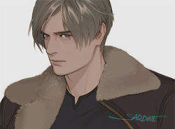 Rule 34 | 1boy, artist name, black shirt, brown hair, brown jacket, fur collar, grey eyes, jacket, leon s. kennedy, looking at viewer, lowres, male focus, mature male, open clothes, open jacket, parted bangs, portrait, resident evil, sardine (kjr0313), shirt, short hair, solo, upper body, white background