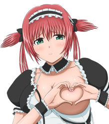 Rule 34 | 1girl, airi (queen&#039;s blade), blush, bow, breasts, closed mouth, convenient censoring, covering privates, covering nipples, frown, green eyes, hair bow, headband, heart, heart hands, korokorokoro, large breasts, looking at viewer, medium hair, one breast out, queen&#039;s blade, red hair, short twintails, simple background, solo, twintails, upper body, white background