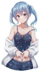 Rule 34 | 1girl, alternate costume, blue camisole, blue eyes, blue hair, blue nails, blue shorts, blush, breasts, camisole, cardigan, casual, cleavage, closed mouth, collarbone, commentary, cowboy shot, cropped legs, embarrassed, hair between eyes, highres, hololive, hoshimachi suisei, kaiwa, light blue hair, looking at viewer, medium breasts, medium hair, midriff, nail polish, navel, off shoulder, open cardigan, open clothes, own hands together, polka dot, polka dot camisole, polka dot shorts, shorts, sidelocks, simple background, solo, standing, star (symbol), star in eye, strap slip, symbol in eye, twintails, virtual youtuber, white background, white cardigan